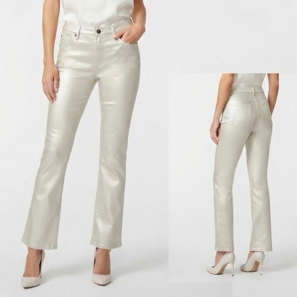 KUT from the Kloth Kelsey High Rise Fab Ab Coated Ankle Flare Jeans Champagne 8